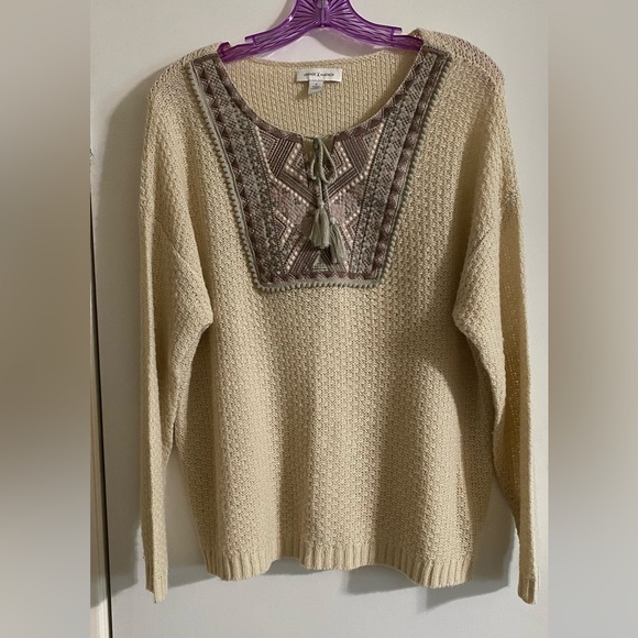 vintage America Sweaters - Vintage America Beige Sweater with Patterned Neckline with tie strings tassels